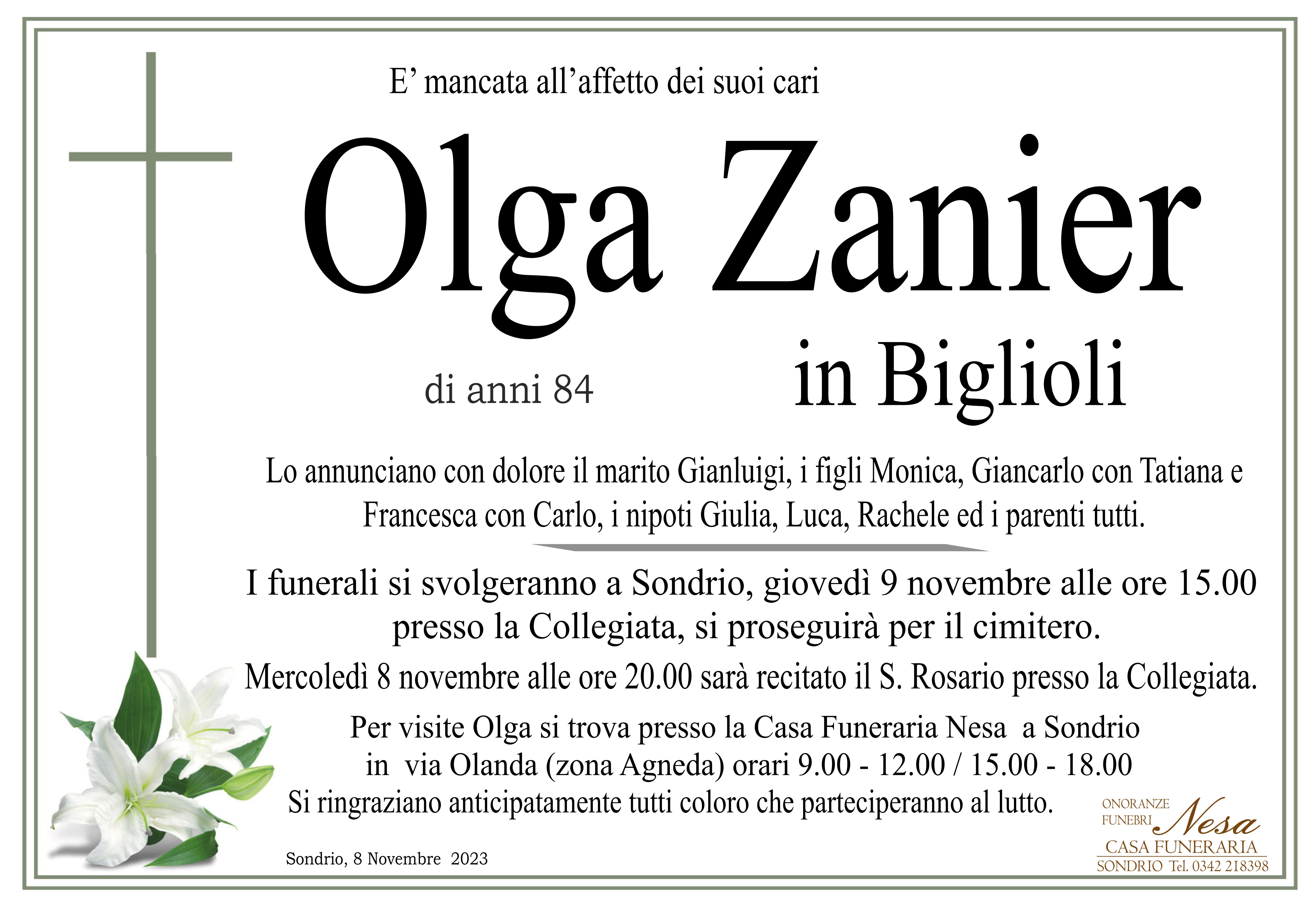 Necrologio Olga Zanier in Biglioli